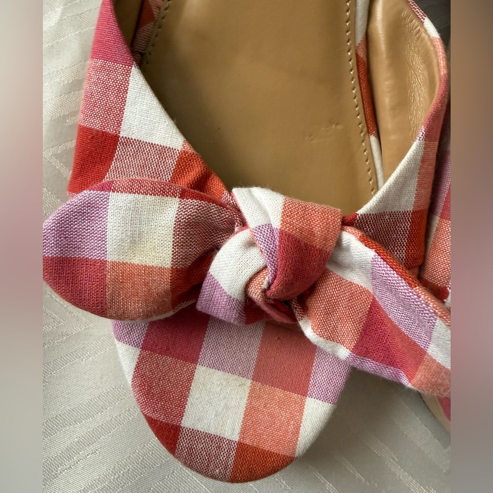 J. Crew Bow Pink and Red Plaid Mules Size 8.5 Wooden Slip On - Picture 3 of 8